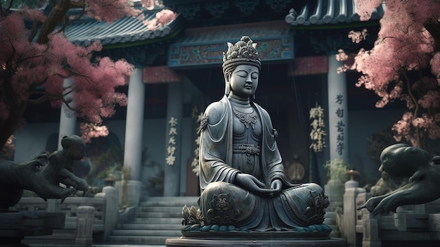 Foto una estatua de buda frente a un templo con flores rosas.