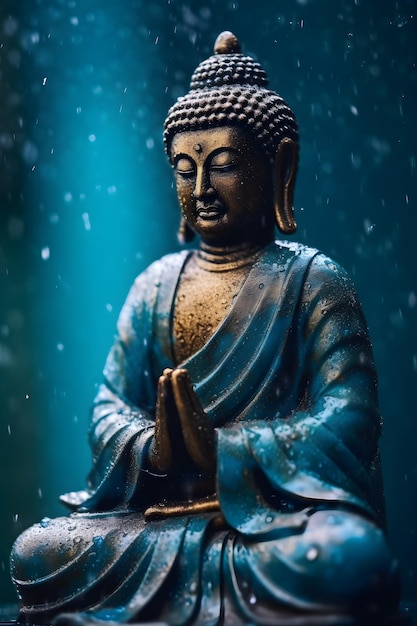 Estatua de Buda en la lluvia con la lluvia cayendo sobre ella