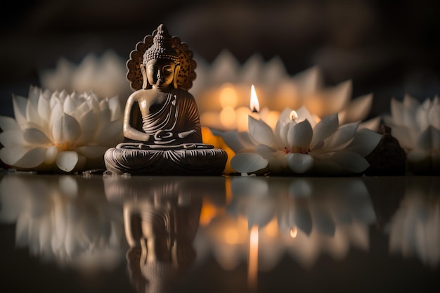 Estatua de Buda loto de agua Buda de pie sobre una flor de loto sobre fondo naranja Generación AI