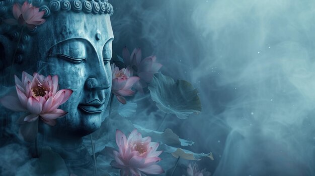 Estatua de Buda con loto de agua dramático fondo brumoso imagen generada por IA