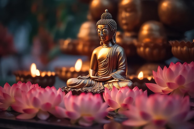 Una estatua de Buda y un loto de agua se encuentra cerca de las flores en un bo