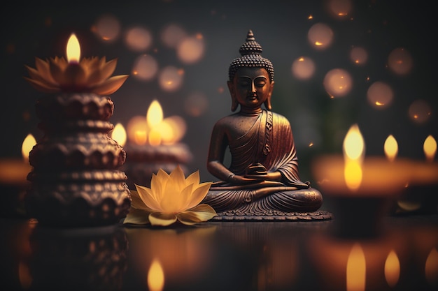Estatua de Buda en meditación con flor de loto y velas encendidas Meditación espiritual salud paz búsqueda concepto zen Imagen generada por IA