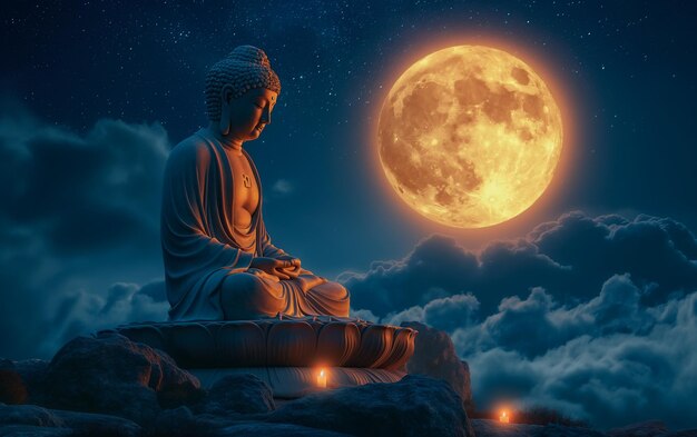 Foto una estatua de buda en meditación bajo la luna llena y rodeada de loto generative ai