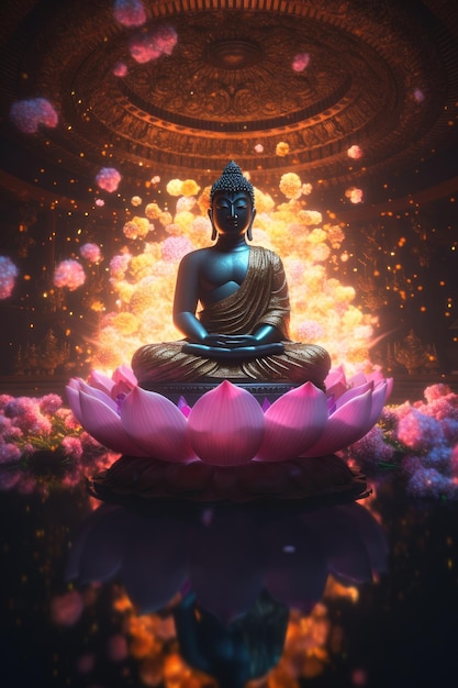 Estatua de buda en meditación sobre flor de loto