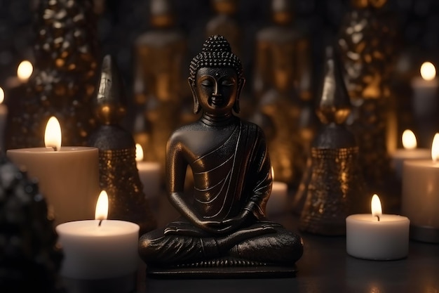 Estatua de buda de meditación con velas y red neuronal de loto generada ai