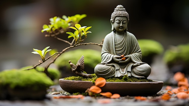 Una estatua de Buda meditando en un jardín sereno haciendo hincapié en la importancia de la paz interior