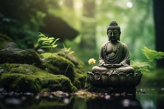 Estatua de Buda meditando en la orilla de un lago en el bosque verde