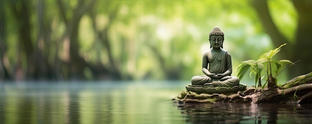 Estatua de Buda en la orilla de un lago en el bosque de bambú