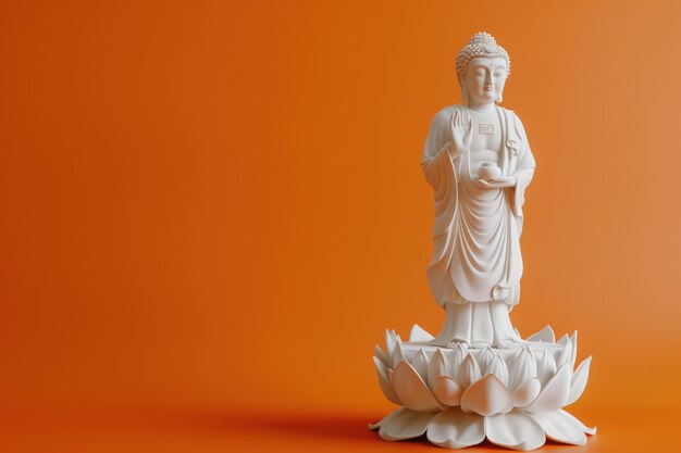 Estatua de Buda de pie en una flor de loto contra un fondo naranja