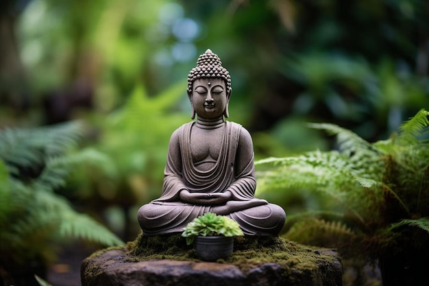 Foto una estatua de buda con una planta en el fondo y una planta en la mitad