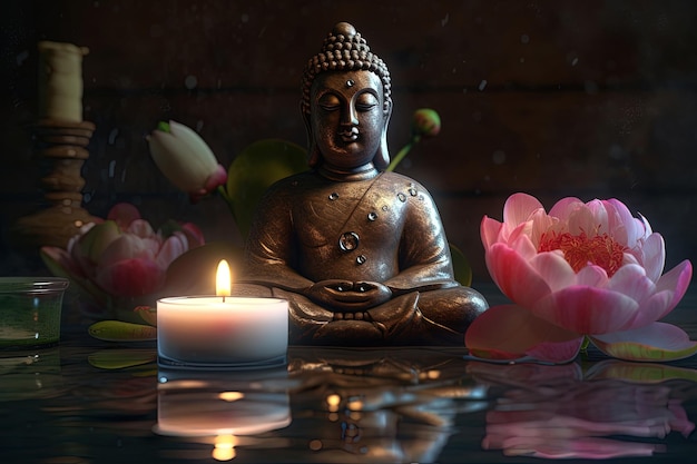 Estatua de Buda en posición de meditación junto a una flor de lotería, velas y agua IA generativa