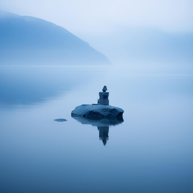 estatua de Buda en una roca en el medio de un lago