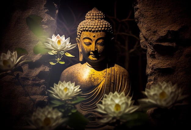 Estatua de Buda rodeada de flores Generado por IA