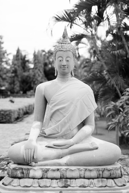 Foto estatua de buda sentada contra el templo