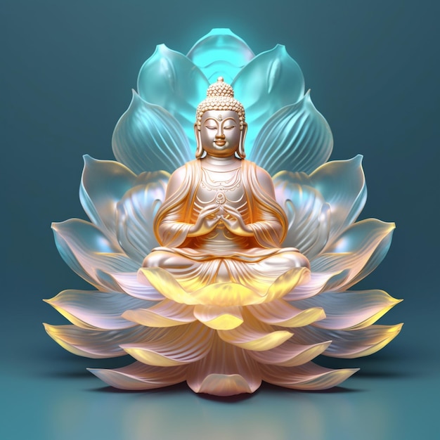 Estatua de Buda sentada en una flor de loto con una luz brillante generativa ai