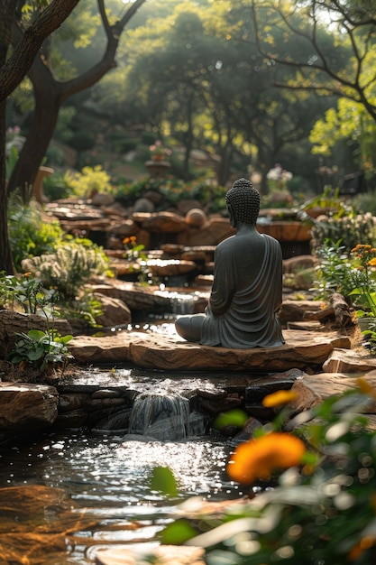 Foto estatua de buda sentada en una roca en el jardín