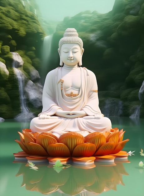 Foto una estatua de un buda sentado en una flor de loto en el agua