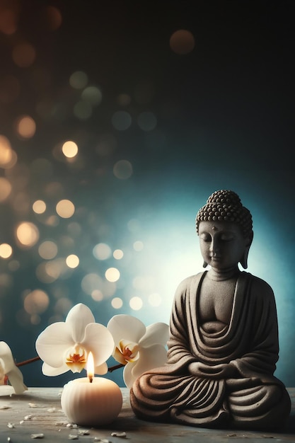Estatua de Buda serena meditación velas noche de orquídeas