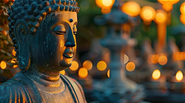 Estatua de Buda sereno con brillo de vela ambiental