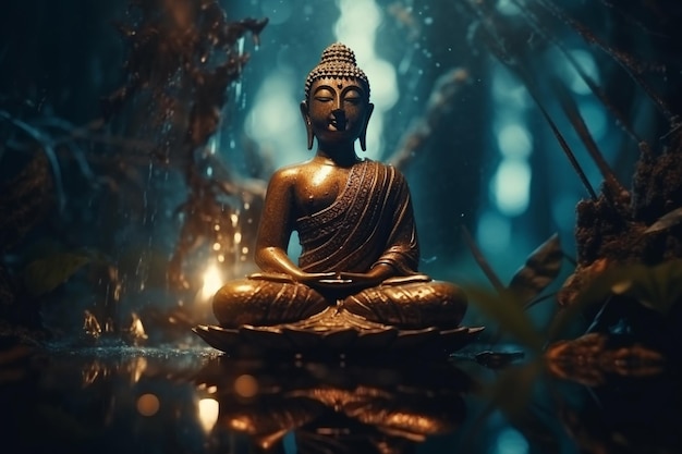 Una estatua de buda se sienta en un charco de agua con las palabras buda en la parte inferior.
