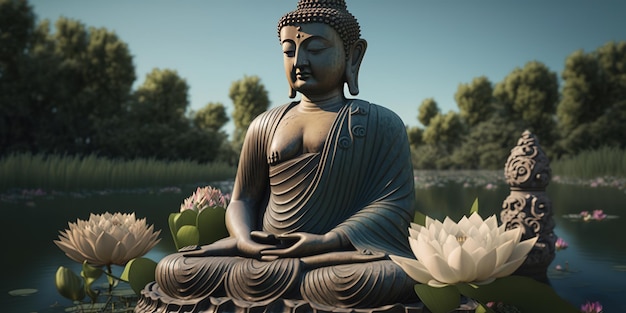 Foto una estatua de buda se sienta en un estanque con flores en el fondo.