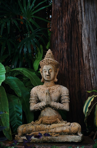 Una estatua de Buda se sienta frente a un árbol.