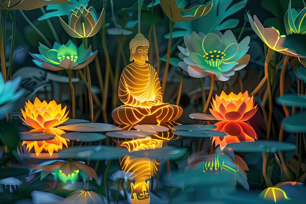 una estatua de Buda se sienta frente a un estanque con flores de loto