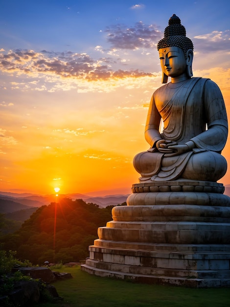 Una estatua de buda se sienta frente a una puesta de sol