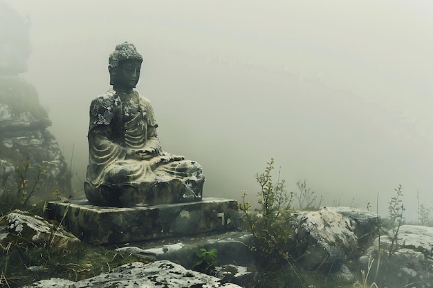 una estatua de un Buda se sienta en la niebla