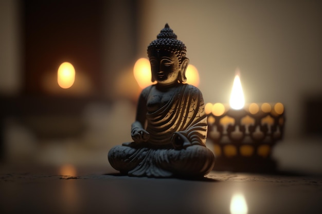 Estatua de Buda con velas en fondo natural Generación AI