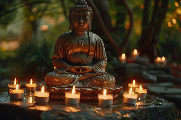 Estatua de Buda con velas en el fondo natural