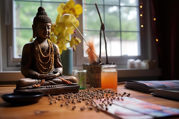 Una estatua budista, palos de incienso y cuentas de oración en una pequeña mesa.