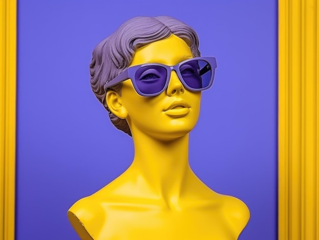 Estatua del busto de una mujer griega antigua con gafas de sol sonriente estatua de una mujer colorida