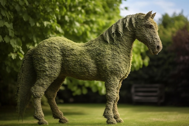 Estatua de caballo hecha de hojas en el jardín.