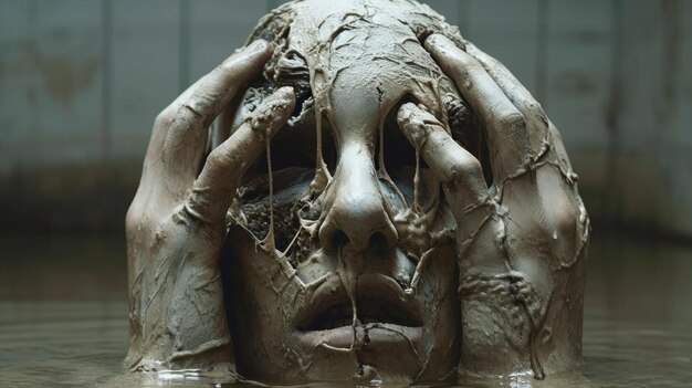 Foto una estatua de una cabeza en el agua con las manos cubriendo su cara ai