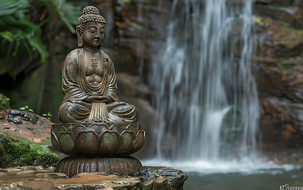 una estatua con una cascada en el fondo y una cascada detrás de ella