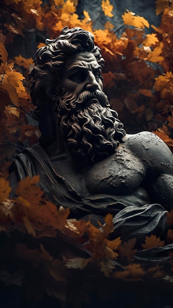 Estátua cinzenta de um deus grego com barba no jardim
