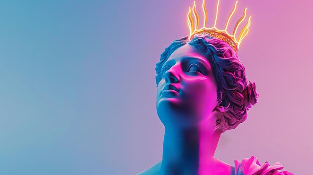 Estátua clássica iluminada a neon com uma coroa brilhante