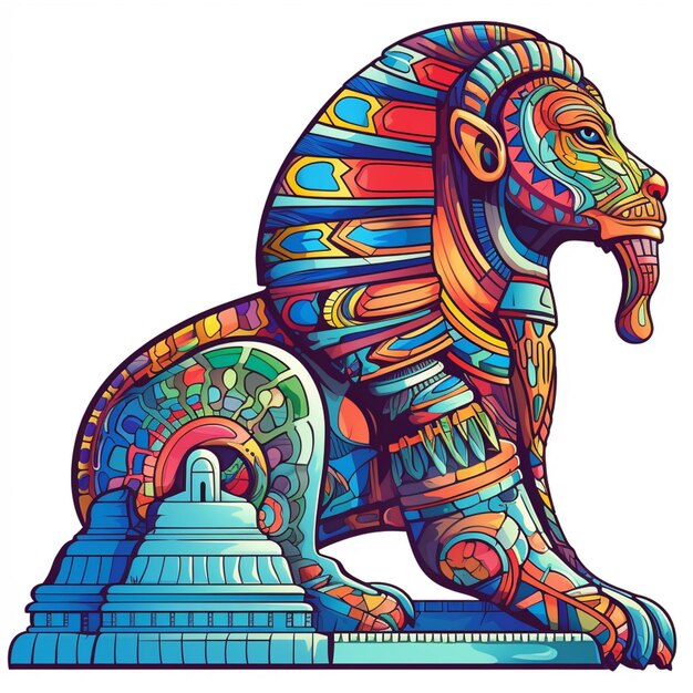 una estatua de colores brillantes de un león con un templo en el fondo generativo ai