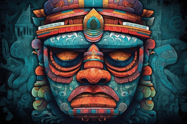 Estátua colorida de rosto asteca Ilustração Herança étnica Tradicional Histórico Centro-americano