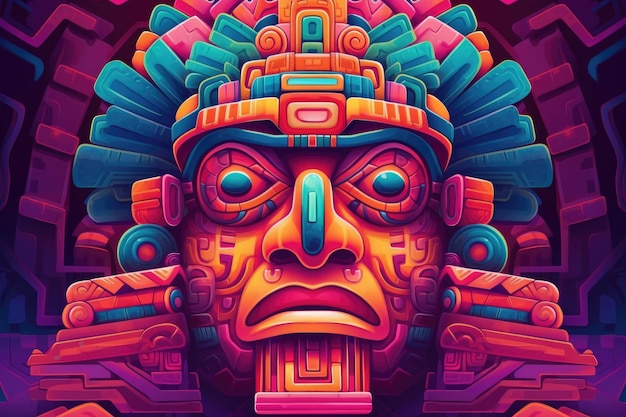 Estátua colorida de rosto asteca Ilustração Herança étnica Tradicional Histórico Centro-americano