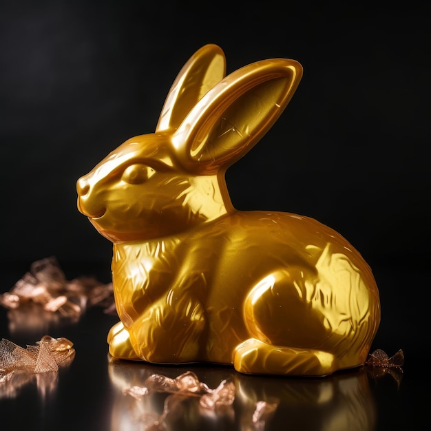 Foto una estatua de conejo dorado en una superficie negra