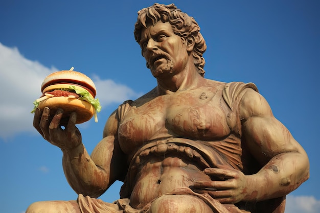 Foto estatua criativa segura hambúrguer gerar ai