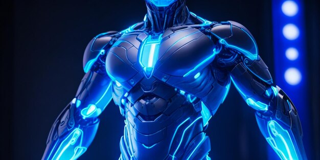 Estatua de cyborg resplandeciente iluminada en un misterio azul