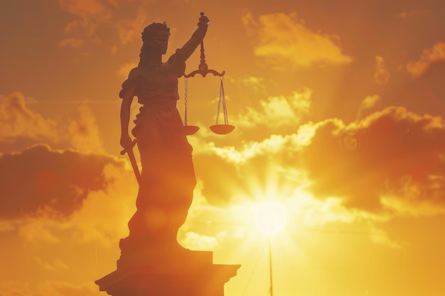 Foto estátua da justiça com um sol a pôr-se atrás dela