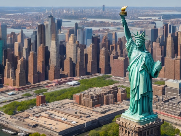Estátua da Liberdade e o horizonte da cidade de Nova York ao pôr do sol nos EUA