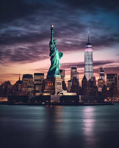 Estátua da liberdade e o horizonte da cidade de nova york eua