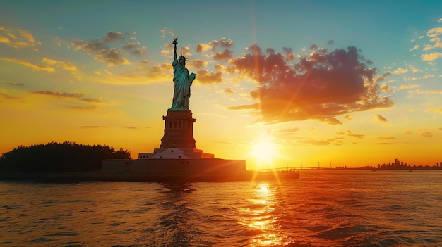 Estátua da Liberdade em um pôr-do-sol suave e quente no verão generativo ai