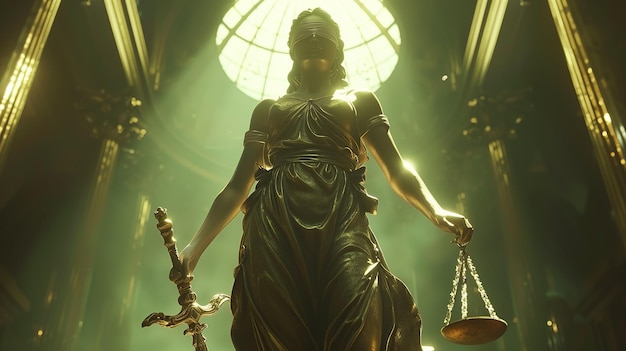 Estátua da Senhora da Justiça segurando a balança e a espada