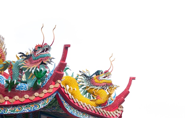 Estatua de dargon en el techo del santuario sobre fondo blancoestatua de dragón en el techo del templo de china como arte asiático